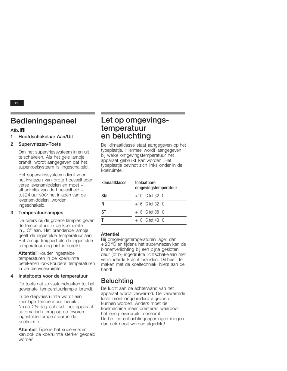 Bedieningspaneel, Let op omgevingsć temperatuur en beluchting, Beluchting | Siemens KI38CA50 User Manual | Page 74 / 91