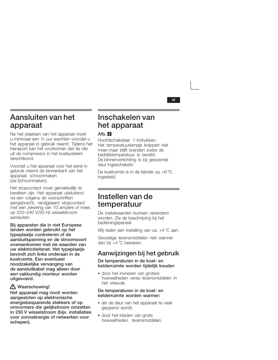 Aansluiten van het apparaat, Inschakelen van het apparaat, Instellen van de temperatuur | Aanwijzingen bij het gebruik | Siemens KI38CA50 User Manual | Page 75 / 91