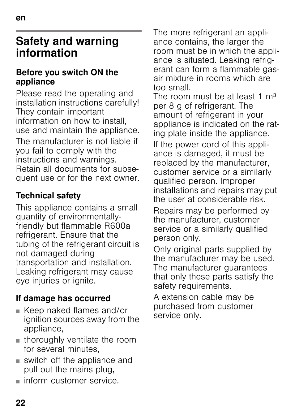 En table of contentsen instruction for use, Safety and warning information, Before you switch on the appliance | Technical safety, If damage has occurred, Instruction for use | Siemens GS36VVW30 User Manual | Page 22 / 94