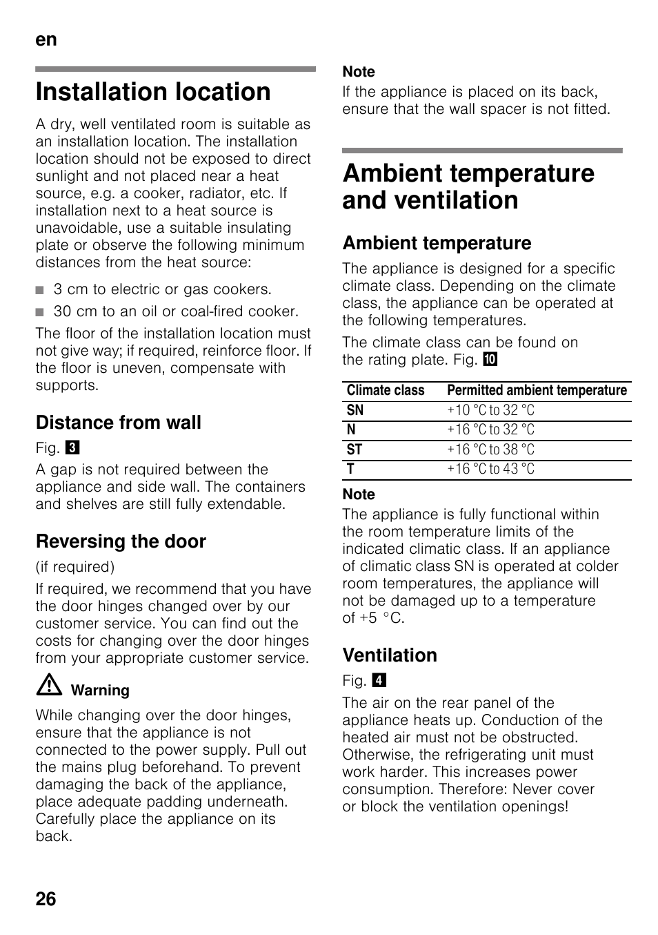 Installation location, Distance from wall, Reversing the door | Ambient temperature and ventilation, Ambient temperature, Ventilation, En 26 | Siemens GS36VVW30 User Manual | Page 26 / 94