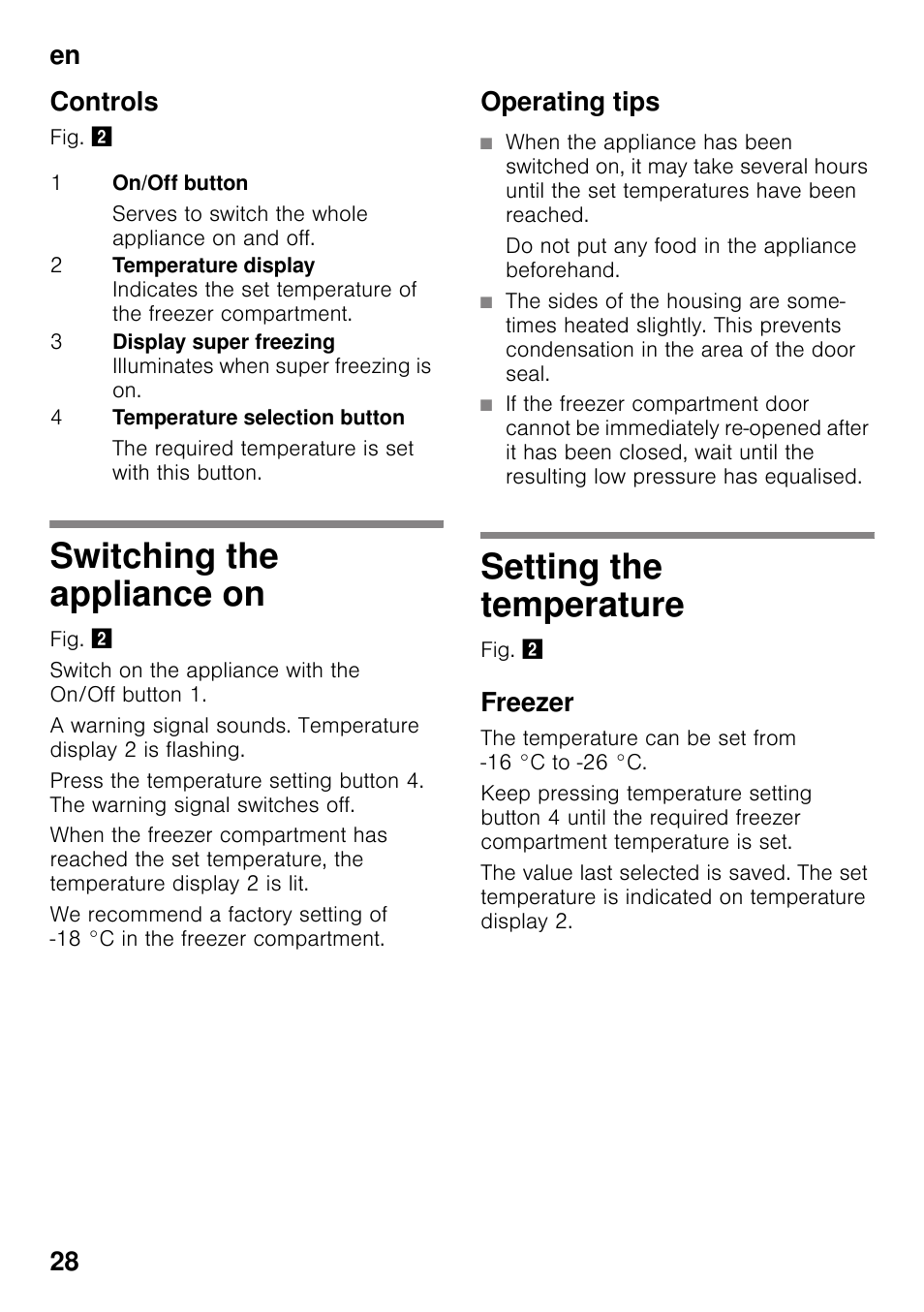 Controls, Switching the appliance on, Operating tips | Setting the temperature, Freezer, Switching the appliance on setting the temperature, En 28 controls | Siemens GS36VVW30 User Manual | Page 28 / 94
