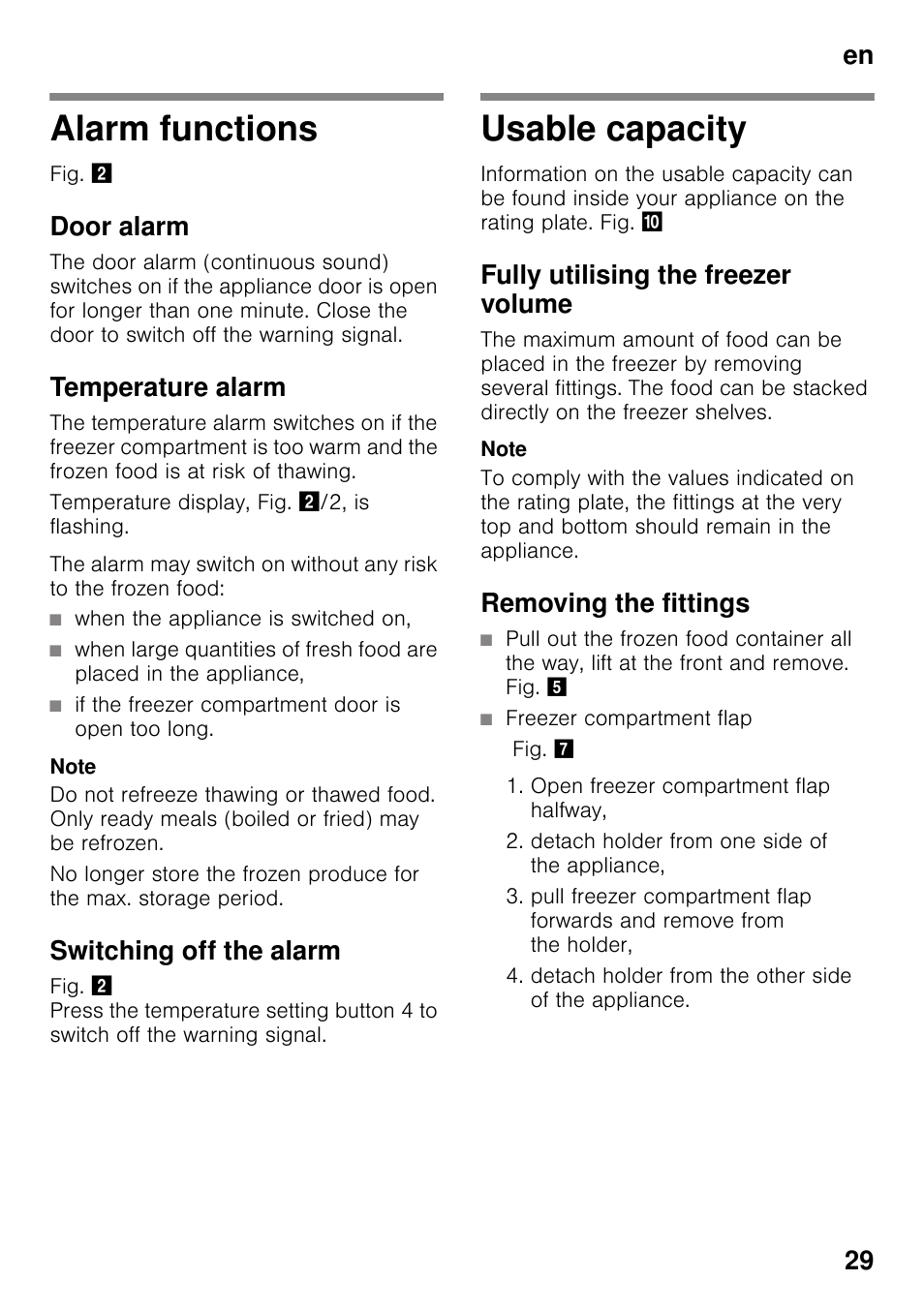 Alarm functions, Door alarm, Temperature alarm | Switching off the alarm, Usable capacity, Fully utilising the freezer volume, Removing the fittings, Alarm functions usable capacity, En 29 | Siemens GS36VVW30 User Manual | Page 29 / 94