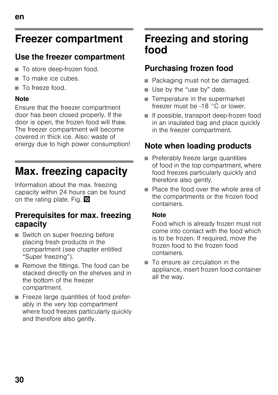 Freezer compartment, Use the freezer compartment, Max. freezing capacity | Prerequisites for max. freezing capacity, Freezing and storing food, Purchasing frozen food, Note when loading products, En 30 | Siemens GS36VVW30 User Manual | Page 30 / 94