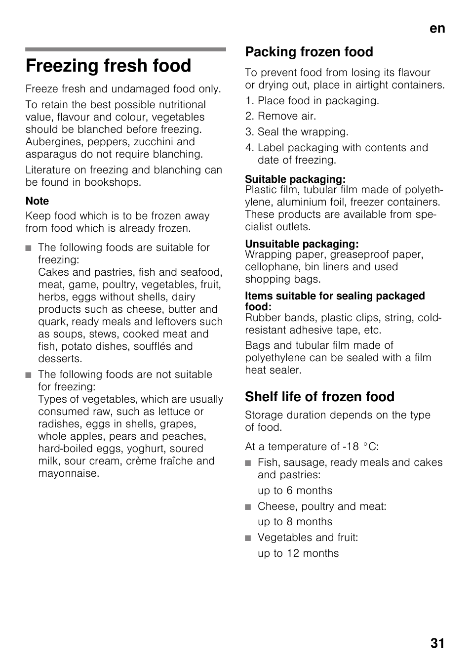 Freezing fresh food, Packing frozen food, Suitable packaging | Unsuitable packaging, Items suitable for sealing packaged food, Shelf life of frozen food, En 31 | Siemens GS36VVW30 User Manual | Page 31 / 94