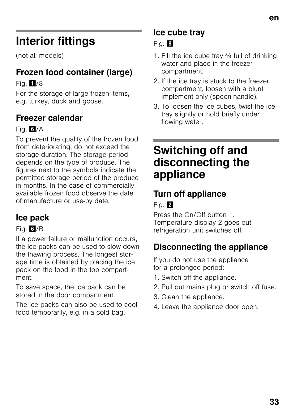 Interior fittings, Frozen food container (large), Freezer calendar | Ice pack, Ice cube tray, Switching off and disconnecting the appliance, Turn off appliance, Disconnecting the appliance, Appliance, En 33 | Siemens GS36VVW30 User Manual | Page 33 / 94