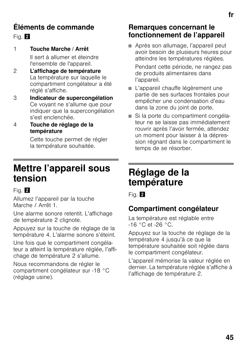 Éléments de commande, Mettre l’appareil sous tension, Réglage de la température | Compartiment congélateur, Fr 45 éléments de commande | Siemens GS36VVW30 User Manual | Page 45 / 94