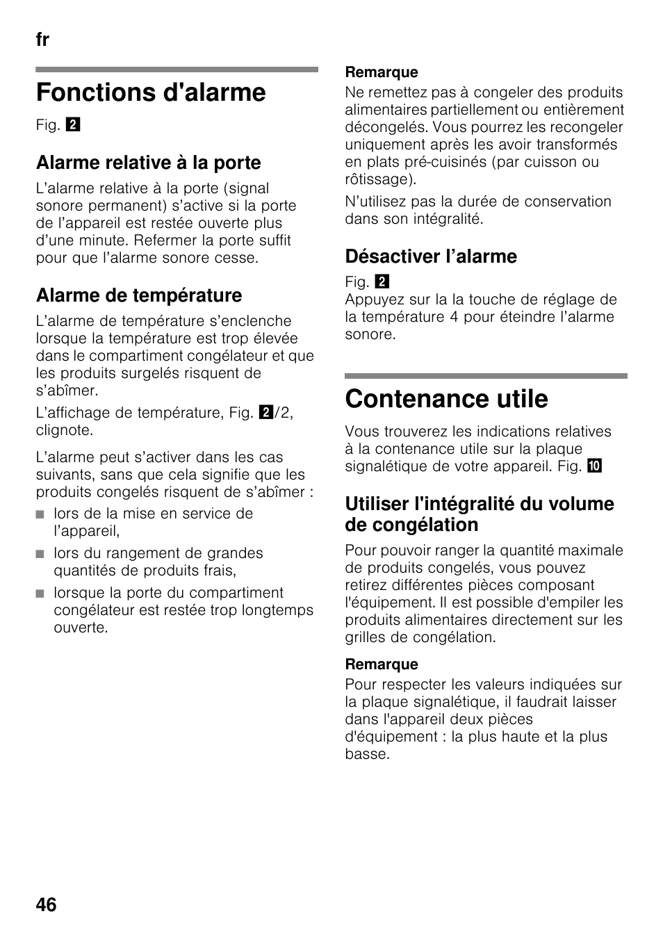 Fonctions d'alarme, Alarme relative à la porte, Alarme de température | Désactiver l’alarme, Contenance utile, Utiliser l'intégralité du volume de congélation, Fonctions d'alarme contenance utile, Fr 46 | Siemens GS36VVW30 User Manual | Page 46 / 94