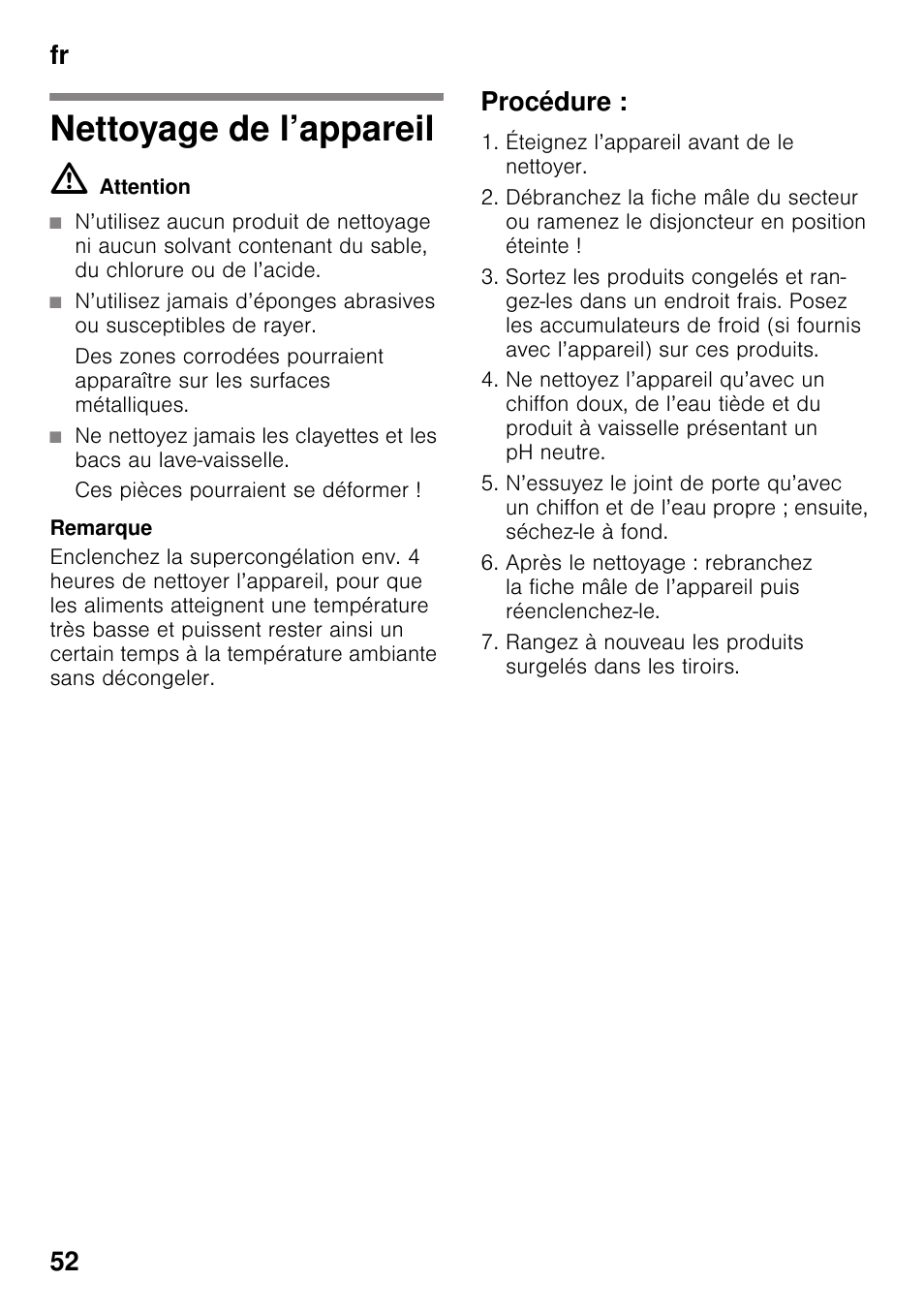 Nettoyage de l’appareil, Procédure, Fr 52 | Siemens GS36VVW30 User Manual | Page 52 / 94