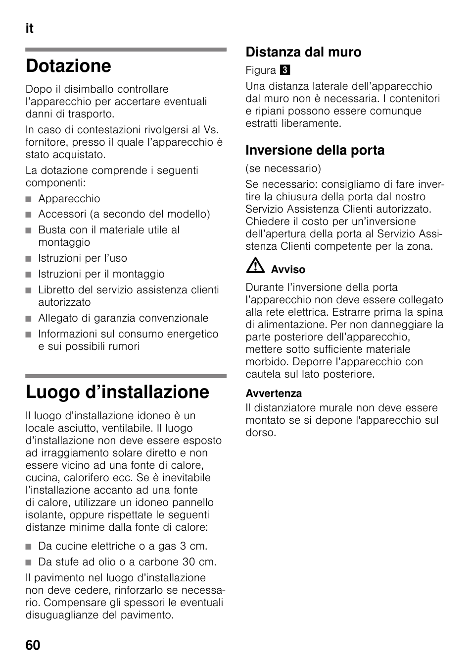 Dotazione, Luogo d’installazione, Distanza dal muro | Inversione della porta, Dotazione luogo d’installazione, It 60 | Siemens GS36VVW30 User Manual | Page 60 / 94