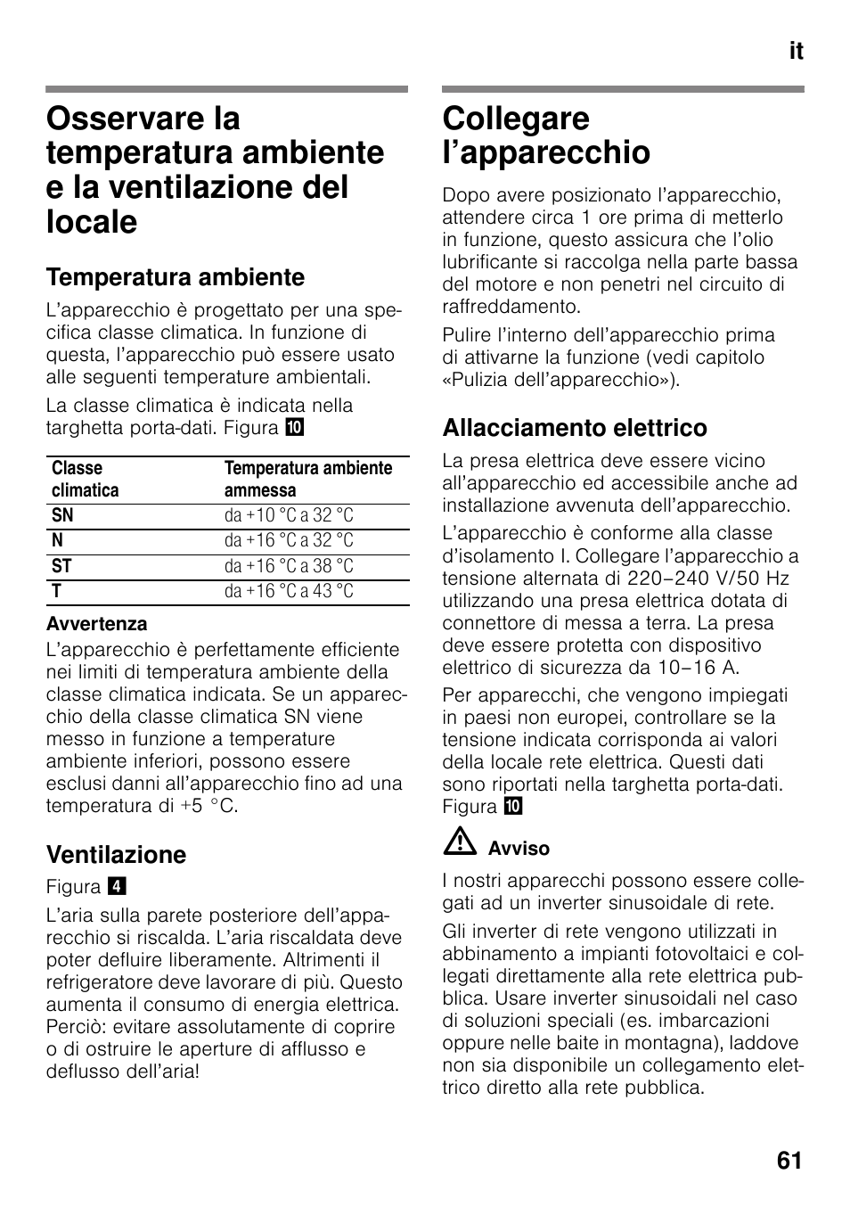 Temperatura ambiente, Ventilazione, Collegare l’apparecchio | Allacciamento elettrico, It 61 | Siemens GS36VVW30 User Manual | Page 61 / 94