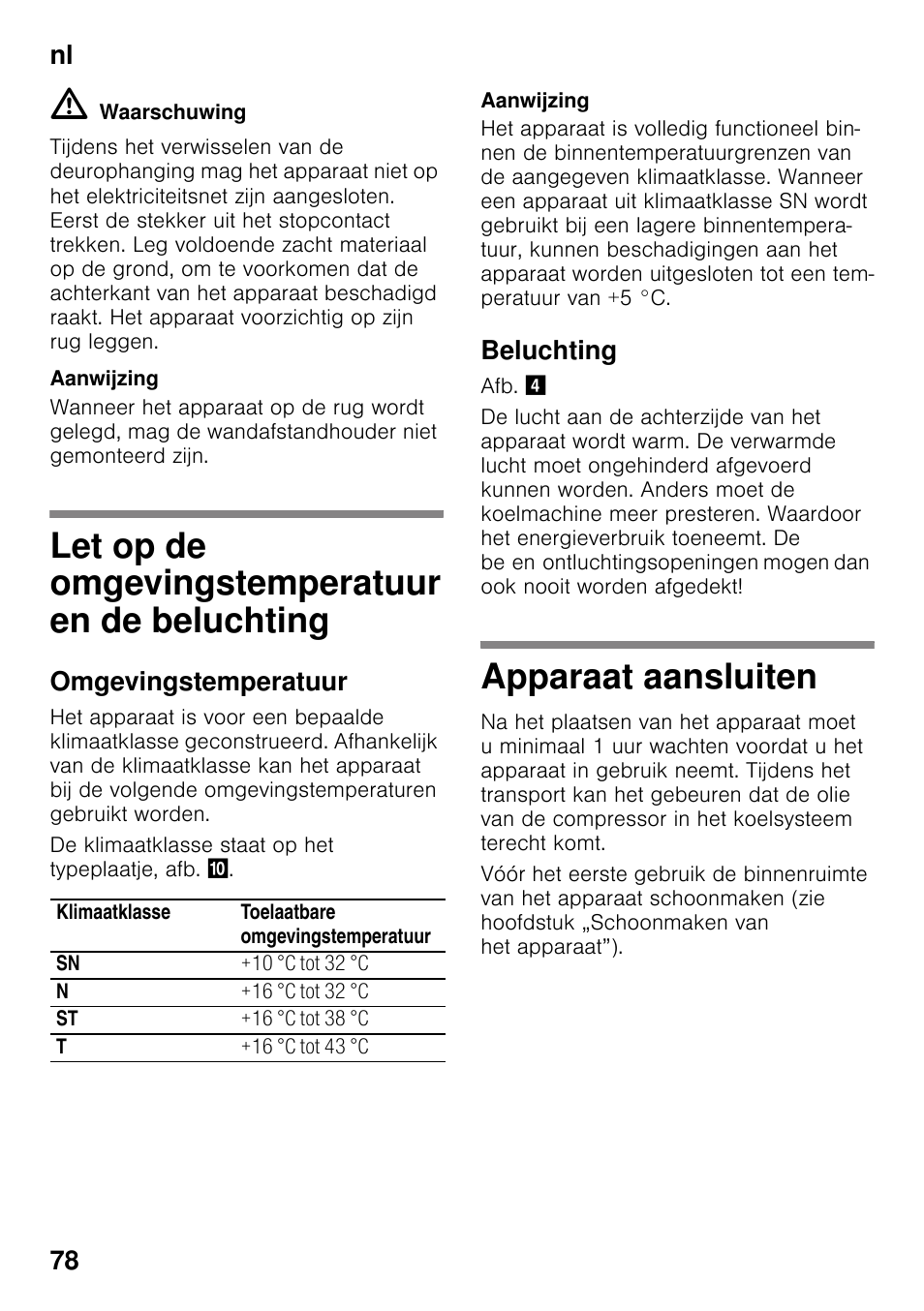 Let op de omgevingstemperatuur en de beluchting, Omgevingstemperatuur, Beluchting | Apparaat aansluiten, En de beluchting apparaat aansluiten, Nl 78 | Siemens GS36VVW30 User Manual | Page 78 / 94