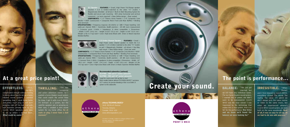 Create your sound, The point is performance… at a great price point, Effortless | Thrilling, Balance, Irresistible | Athena Technologies 3PAB006E User Manual | Page 2 / 2