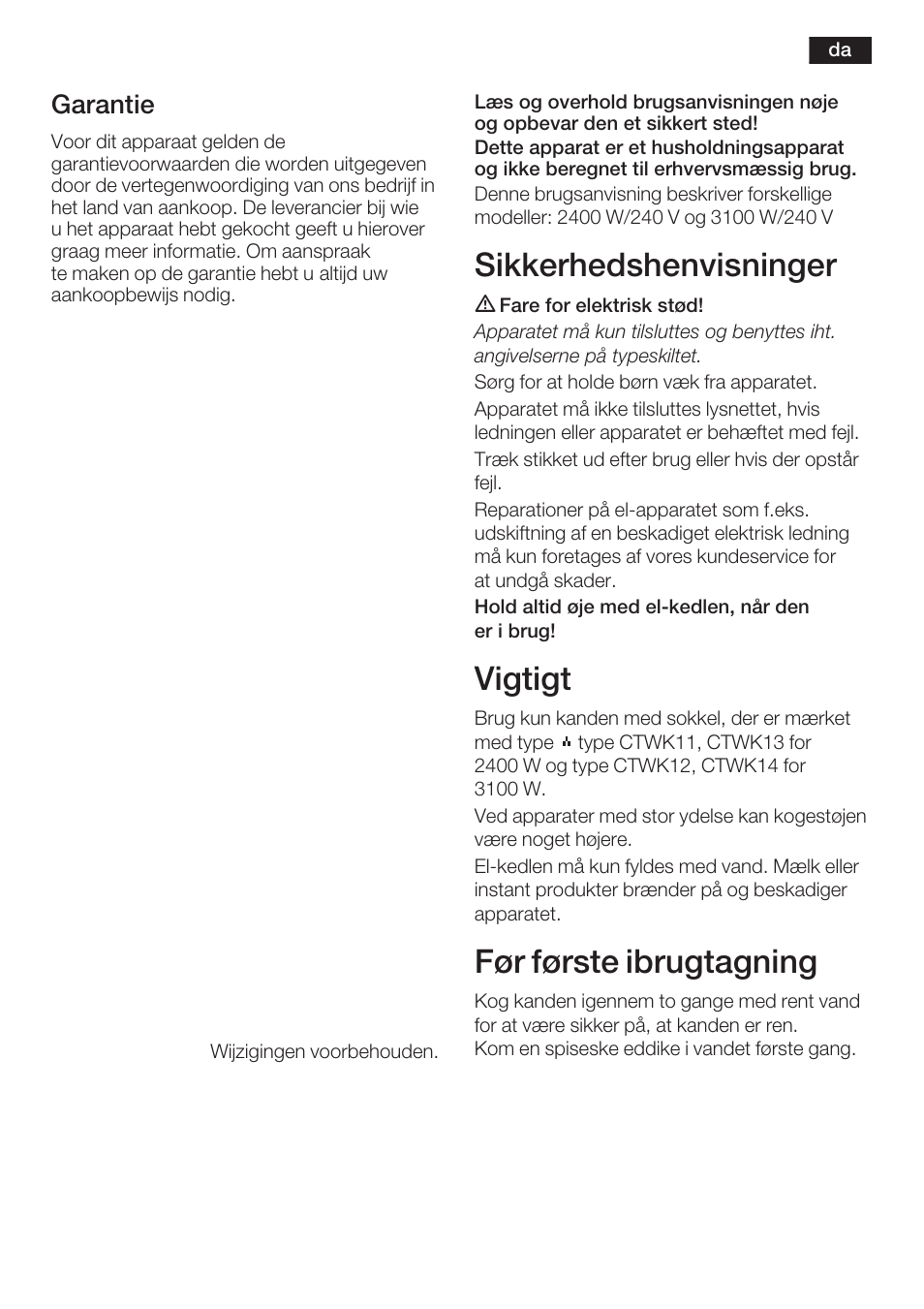 Sikkerhedshenvisninger, Vigtigt, Før første ibrugtagning | 11 garantie | Siemens TW60101 User Manual | Page 12 / 46