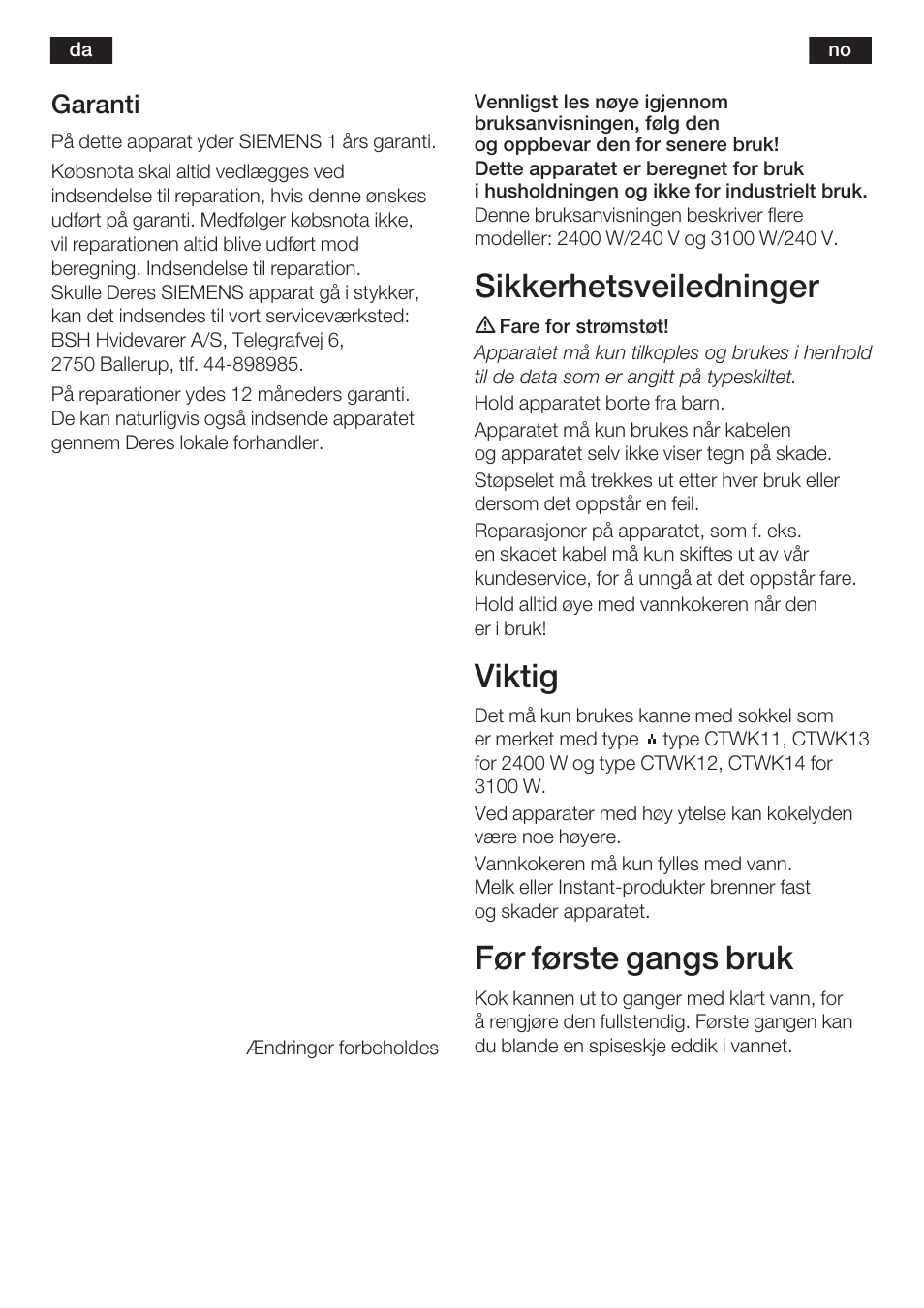 Sikkerhetsveiledninger, Viktig, Før første gangs bruk | 13 garanti | Siemens TW60101 User Manual | Page 14 / 46