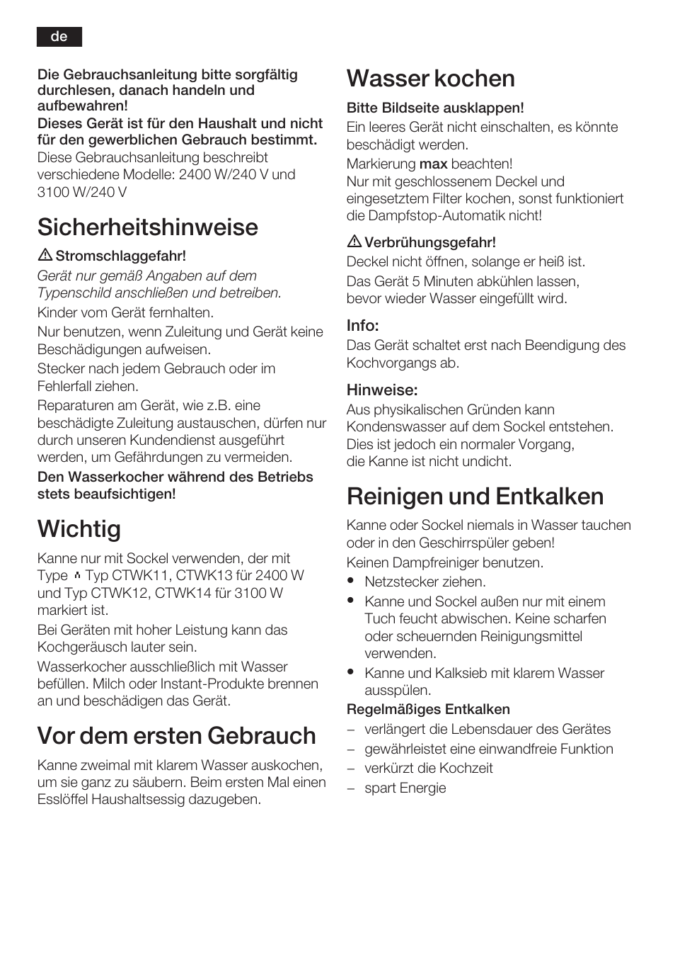 Sicherheitshinweise, Wichtig, Vor dem ersten gebrauch | Wasser kochen, Reinigen und entkalken | Siemens TW60101 User Manual | Page 3 / 46