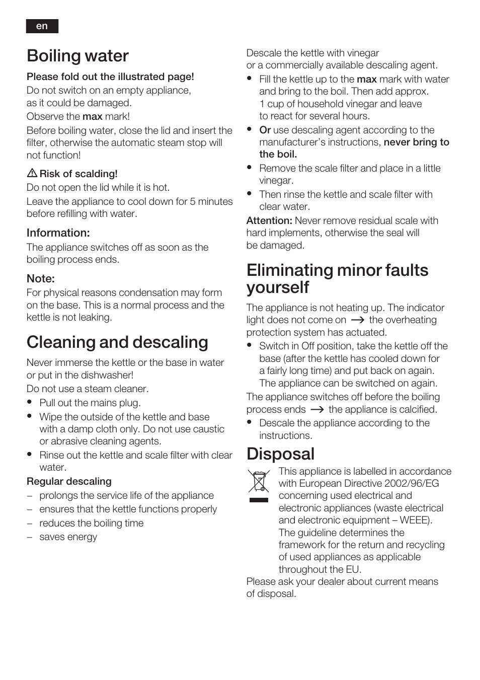 Boiling water, Cleaning and descaling, Eliminating minor faults yourself | Disposal | Siemens TW60101 User Manual | Page 5 / 46