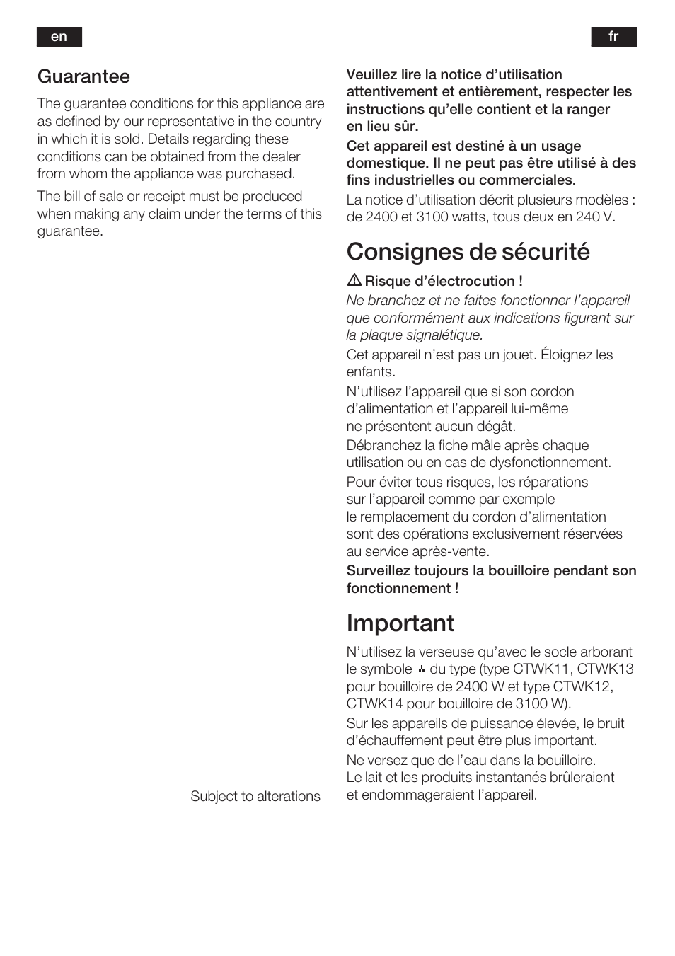 Consignes de sécurité, Important, 5guarantee | Siemens TW60101 User Manual | Page 6 / 46