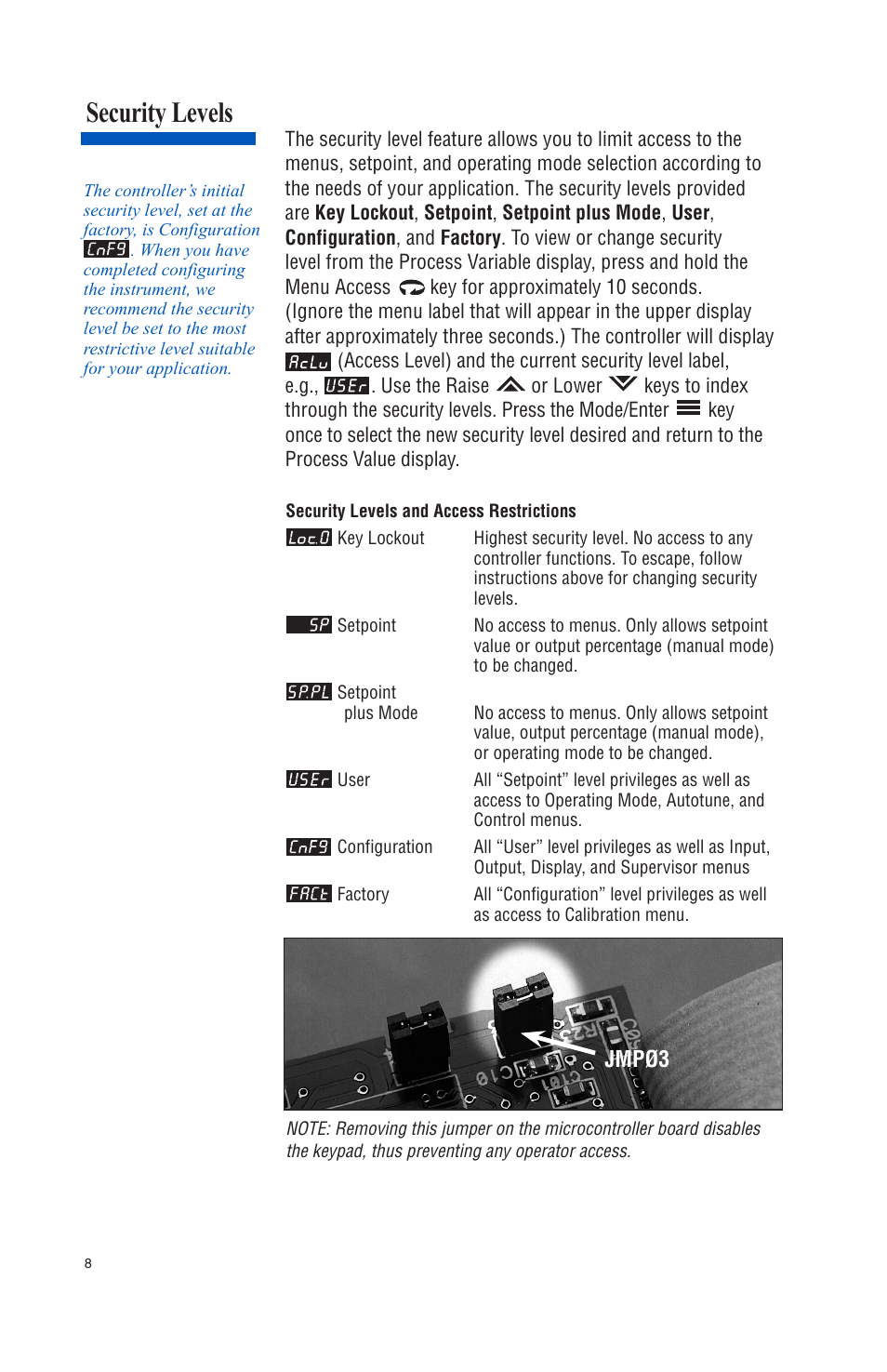 Security levels, Jmpø3 | Athena Technologies 16C User Manual | Page 12 / 48