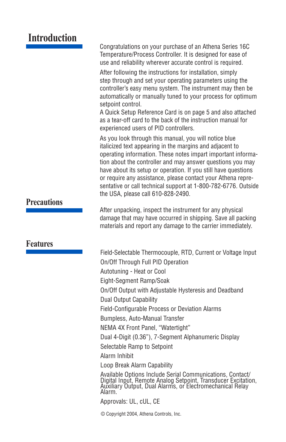 Introduction, Precautions, Features | Athena Technologies 16C User Manual | Page 2 / 48
