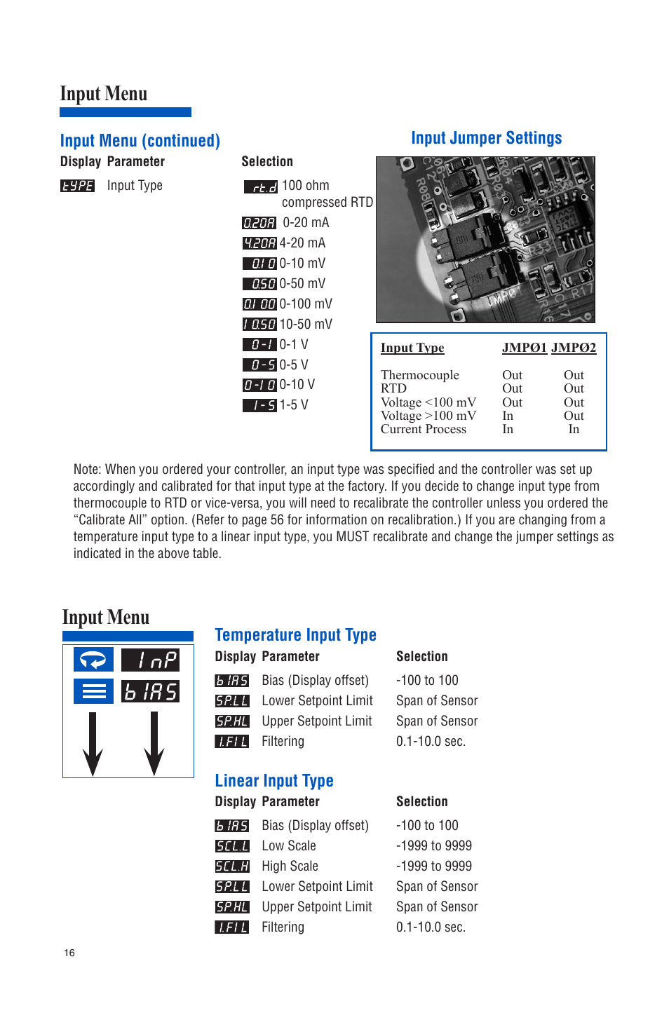 Input menu, Jmpø1 jmpø2 input menu (continued), Input jumper settings | Temperature input type, Linear input type | Athena Technologies 16C User Manual | Page 20 / 48