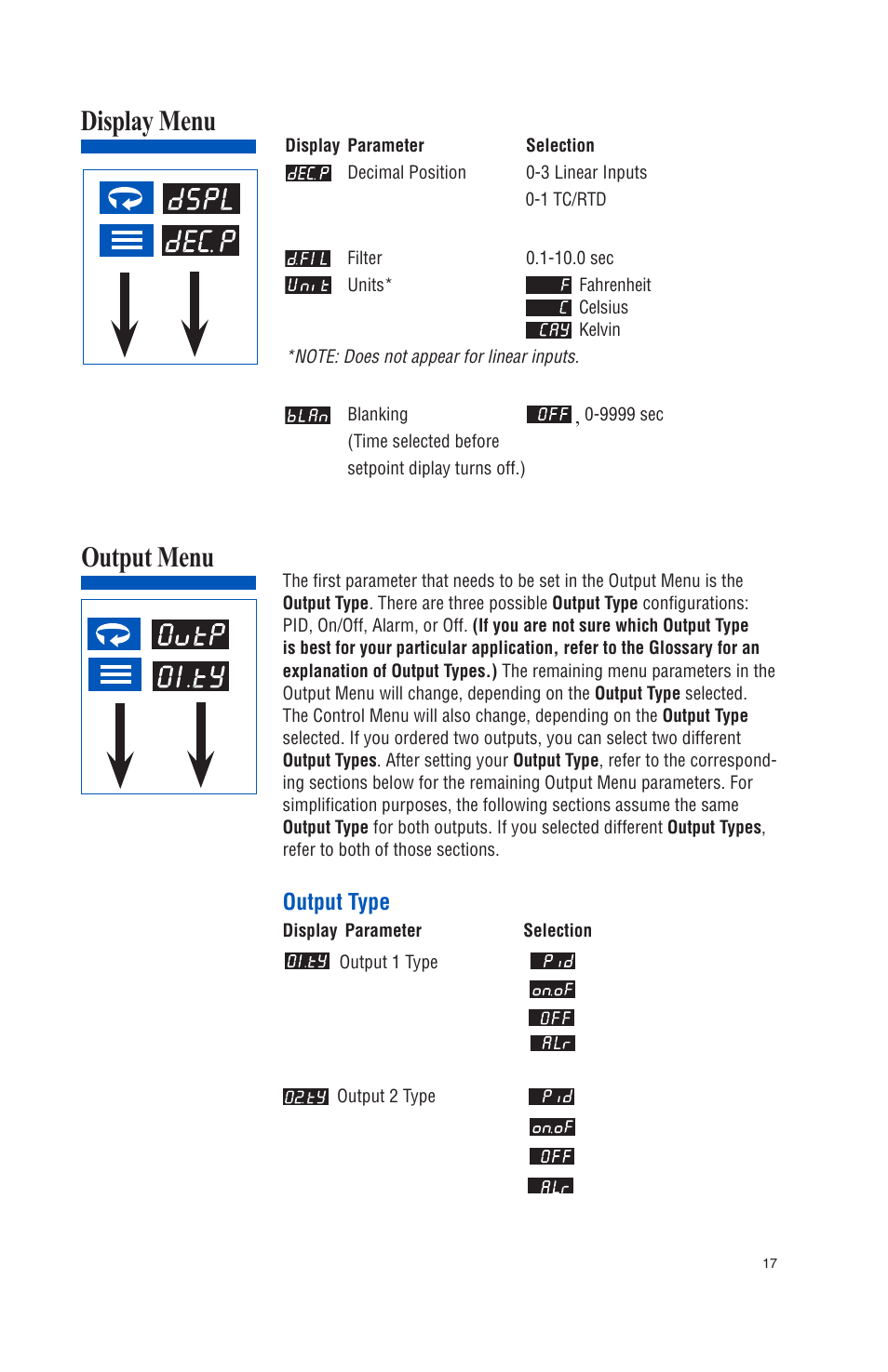 Display menu, Output menu, Jmpø1 | Output type | Athena Technologies 16C User Manual | Page 21 / 48