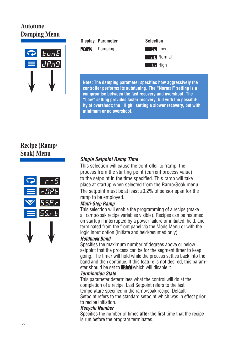 Autotune damping menu, Recipe (ramp/ soak) menu | Athena Technologies 16C User Manual | Page 26 / 48