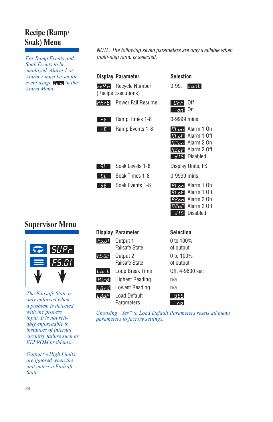 Recipe (ramp/ soak) menu, Supervisor menu | Athena Technologies 16C User Manual | Page 28 / 48