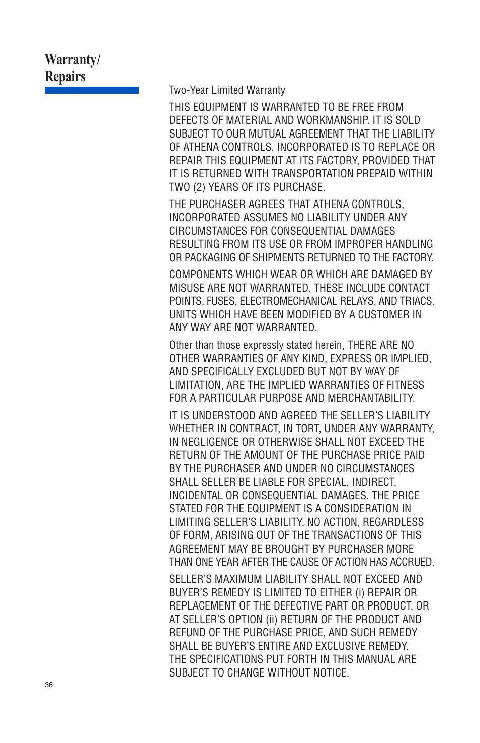 Warranty/ repairs | Athena Technologies 16C User Manual | Page 40 / 48