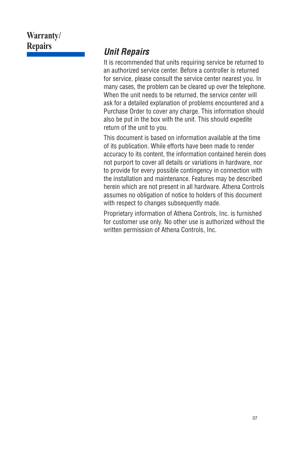 Warranty/ repairs, Unit repairs | Athena Technologies 16C User Manual | Page 41 / 48