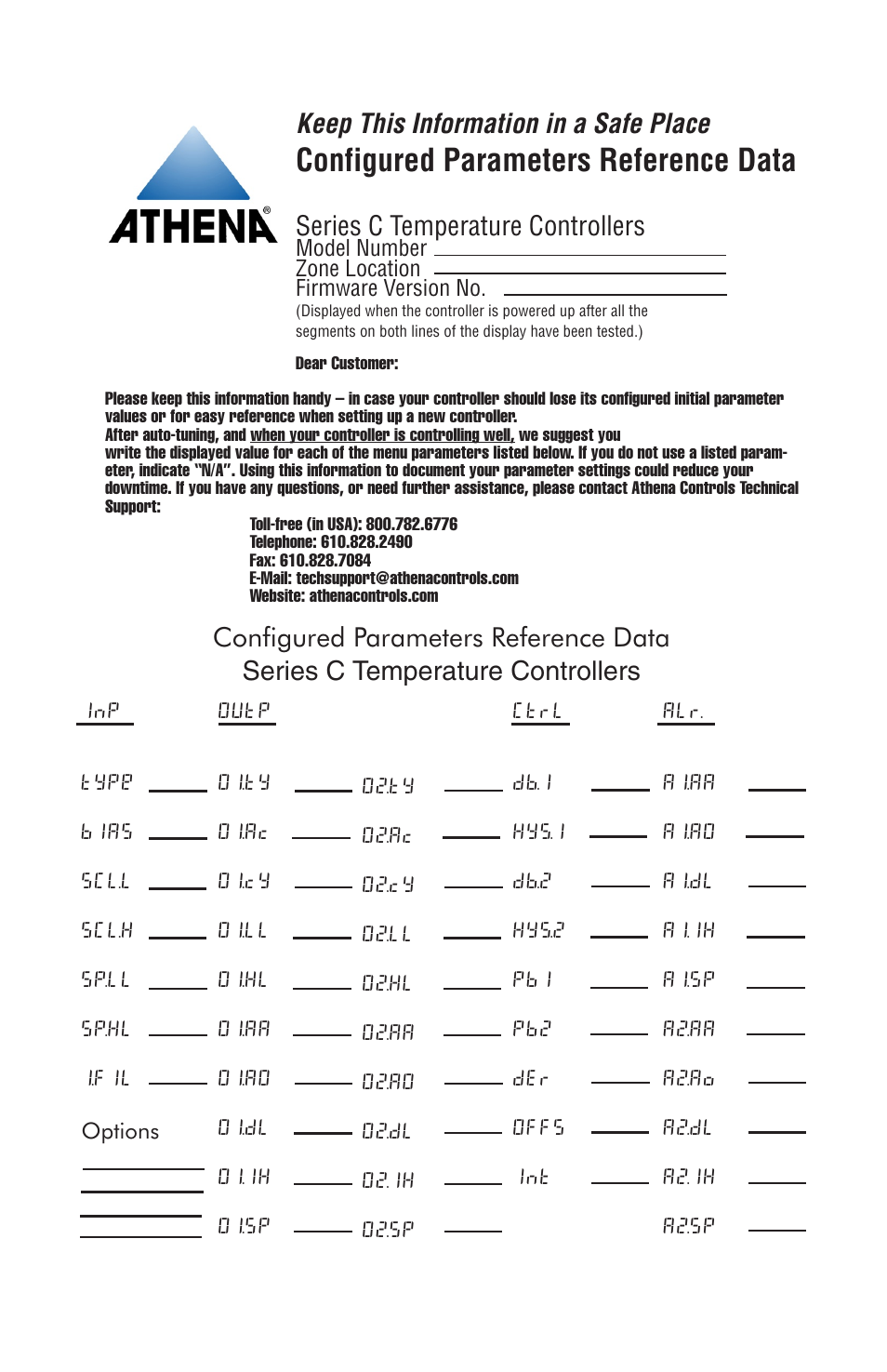 Configured parameters reference data, Keep this information in a safe place, Series c temperature controllers | Athena Technologies 16C User Manual | Page 46 / 48