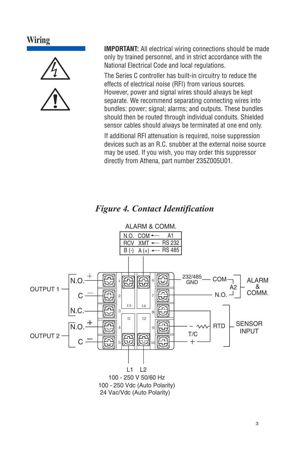 Wiring, Figure 4. contact identification, N.o. c n.c. n.o. c | Athena Technologies 16C User Manual | Page 7 / 48