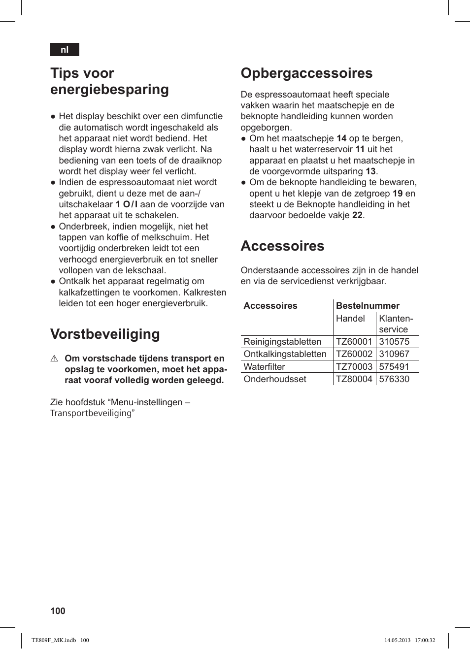 Tips voor energiebesparing, Vorstbeveiliging, Opbergaccessoires | Accessoires | Siemens TE809F01DE User Manual | Page 104 / 140