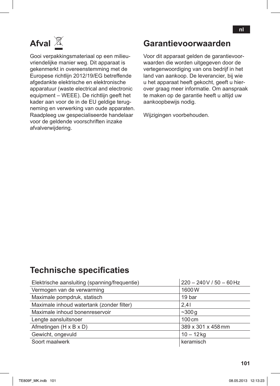 Technische specificaties, Afval, Garantievoorwaarden | Siemens TE809F01DE User Manual | Page 105 / 140