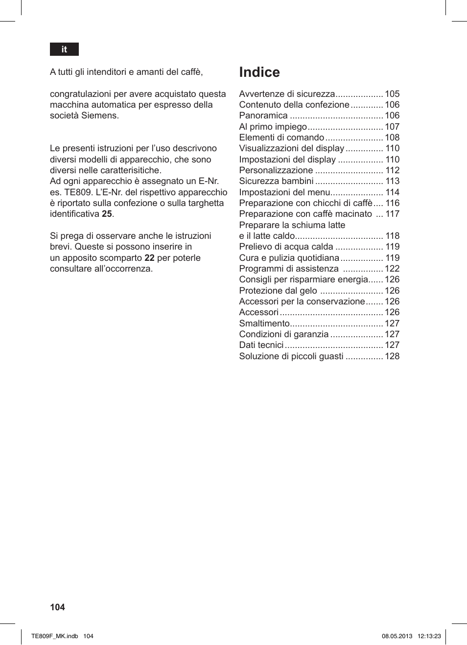 Indice | Siemens TE809F01DE User Manual | Page 108 / 140