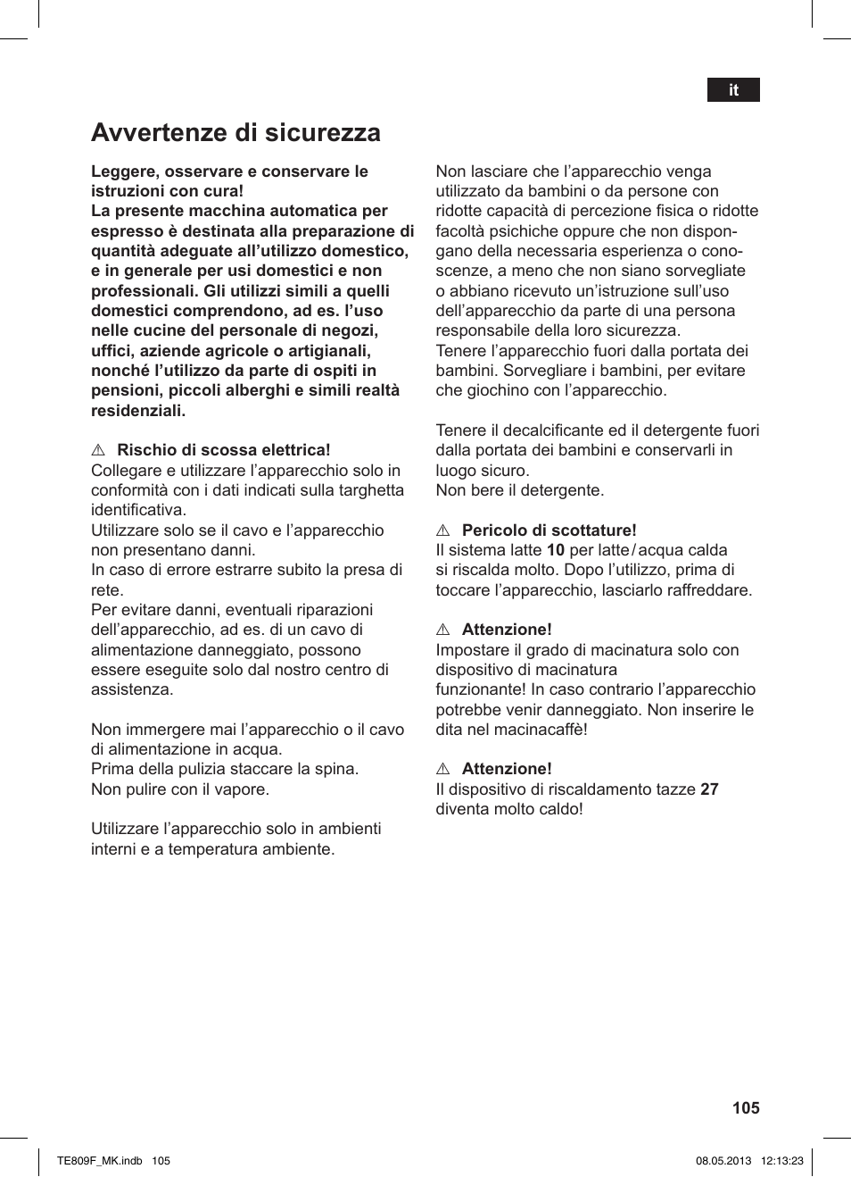 Avvertenze di sicurezza | Siemens TE809F01DE User Manual | Page 109 / 140