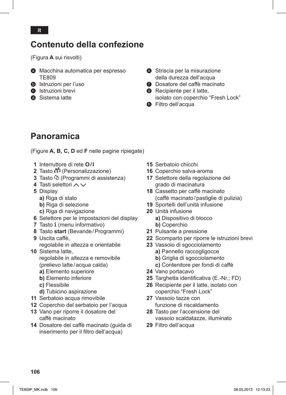 Panoramica, Contenuto della confezione | Siemens TE809F01DE User Manual | Page 110 / 140