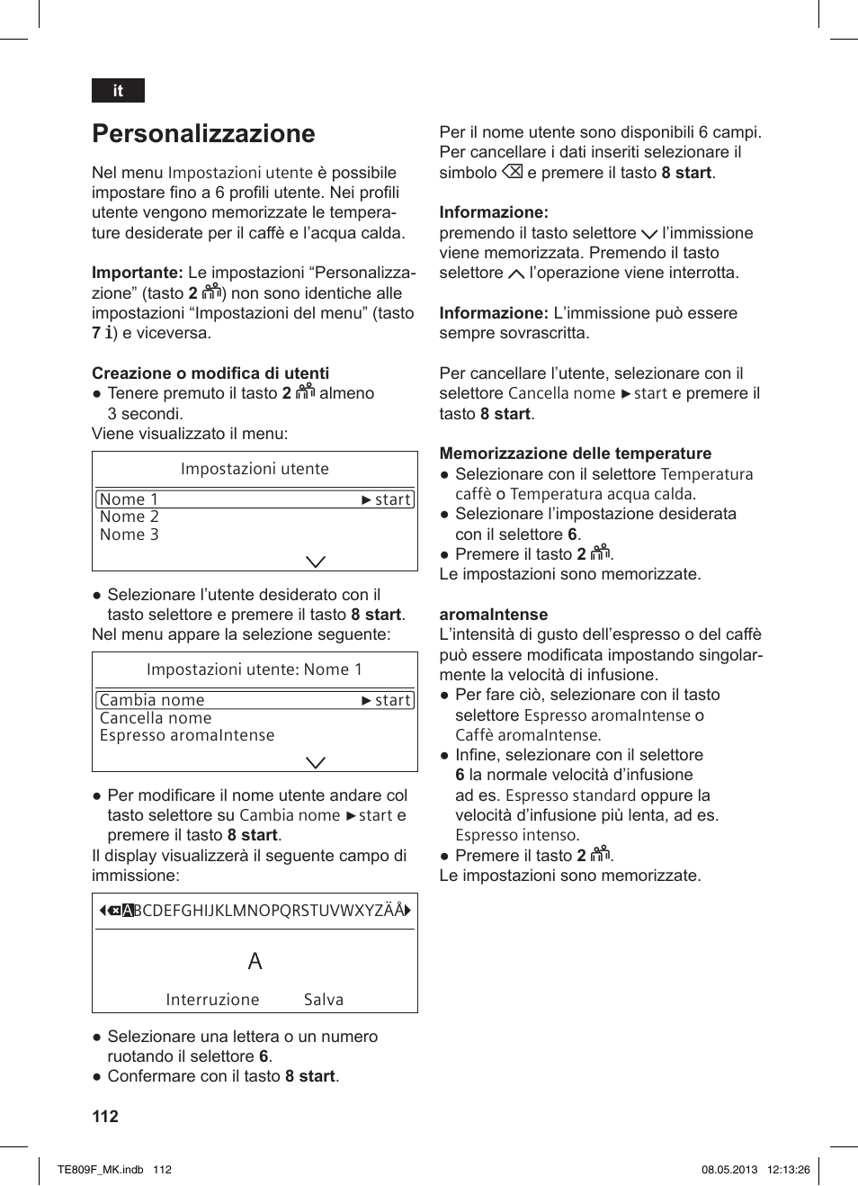 Personalizzazione | Siemens TE809F01DE User Manual | Page 116 / 140