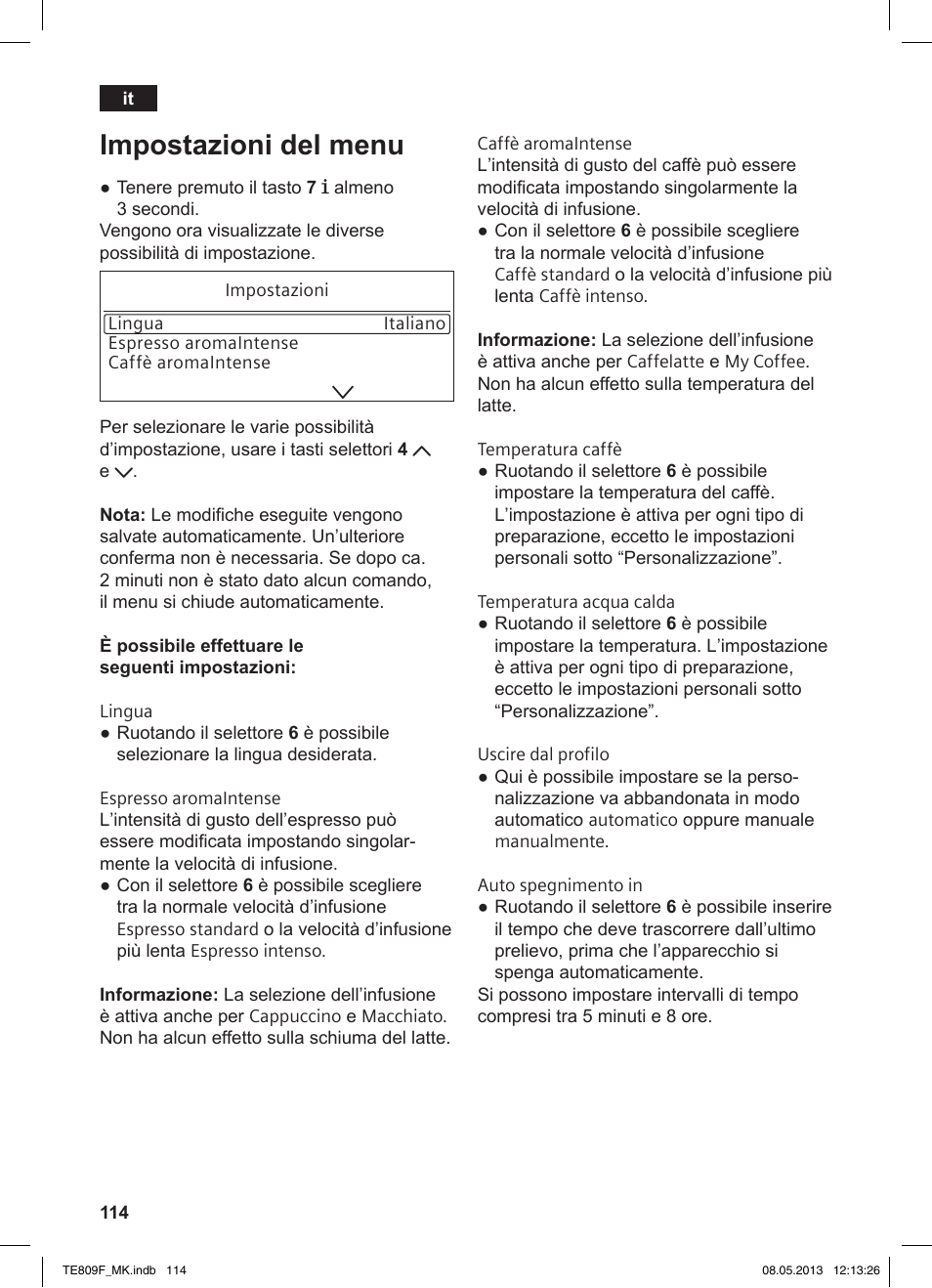 Impostazioni del menu | Siemens TE809F01DE User Manual | Page 118 / 140