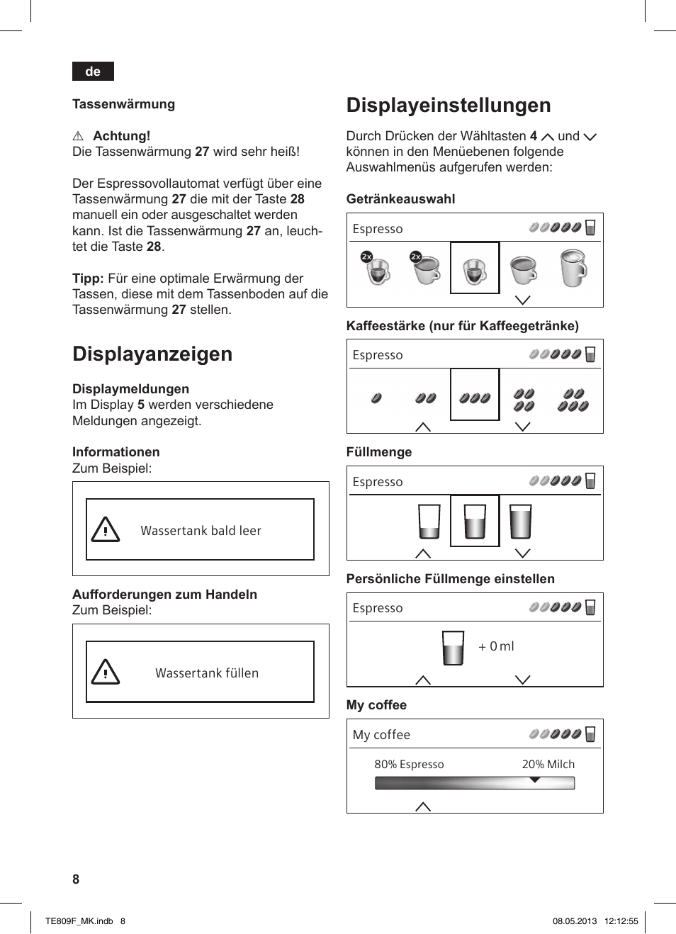 Displayanzeigen, Displayeinstellungen | Siemens TE809F01DE User Manual | Page 12 / 140