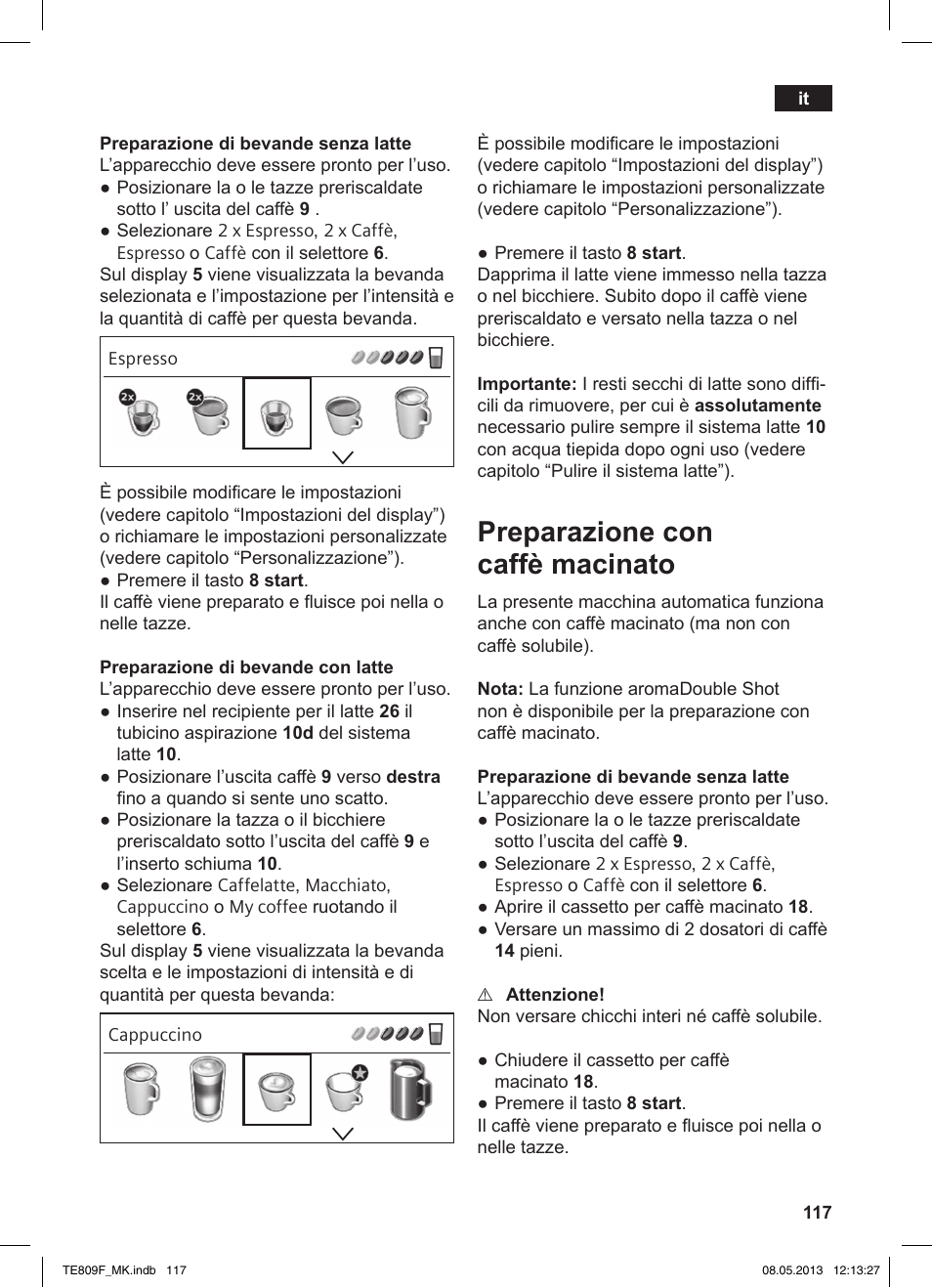 Preparazione con caffè macinato | Siemens TE809F01DE User Manual | Page 121 / 140