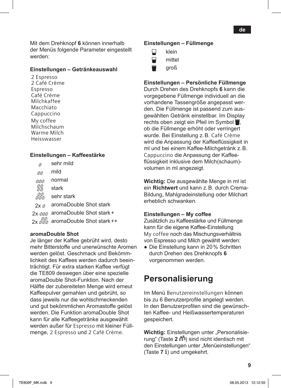 Personalisierung | Siemens TE809F01DE User Manual | Page 13 / 140