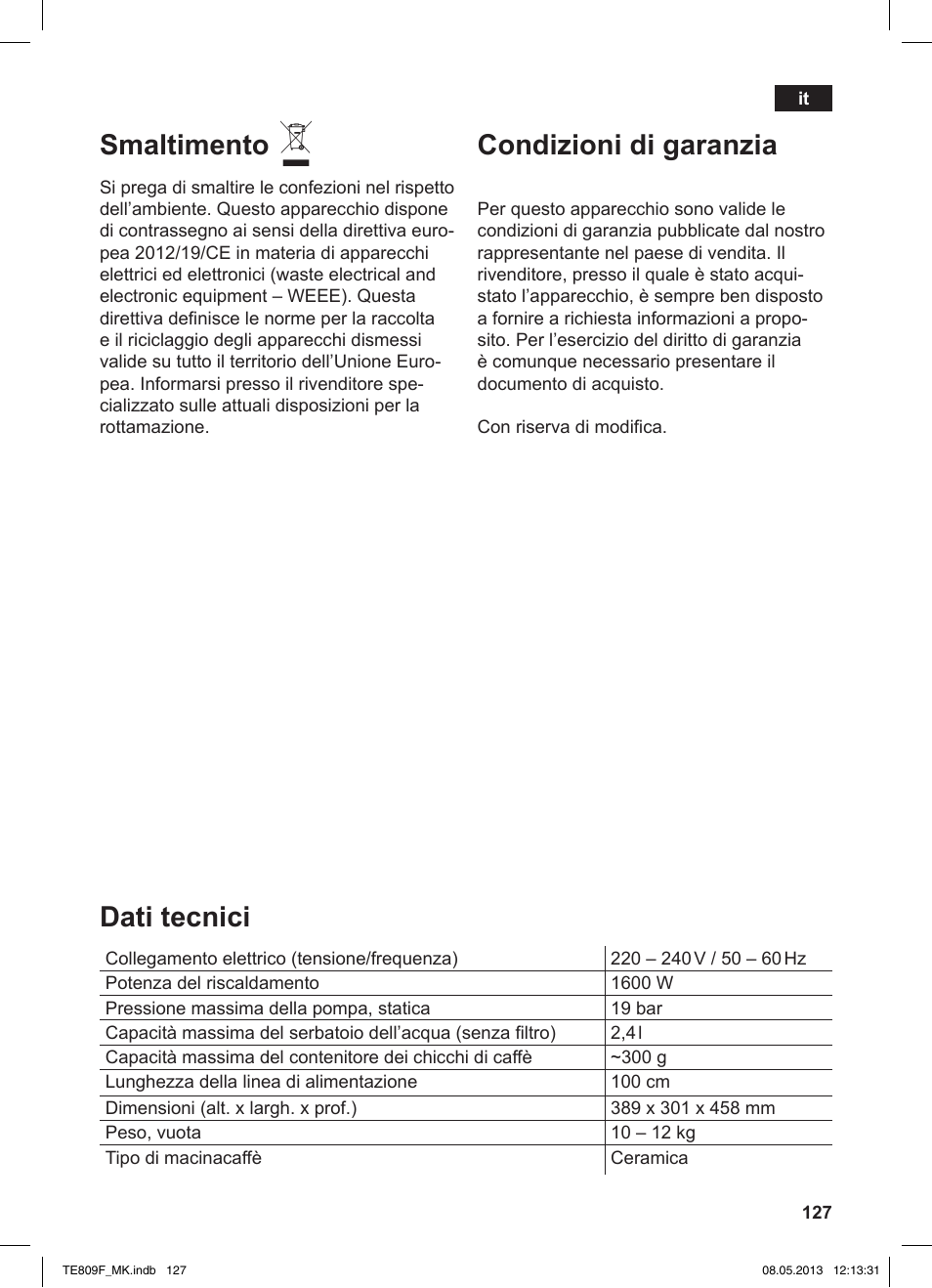 Dati tecnici, Smaltimento, Condizioni di garanzia | Siemens TE809F01DE User Manual | Page 131 / 140