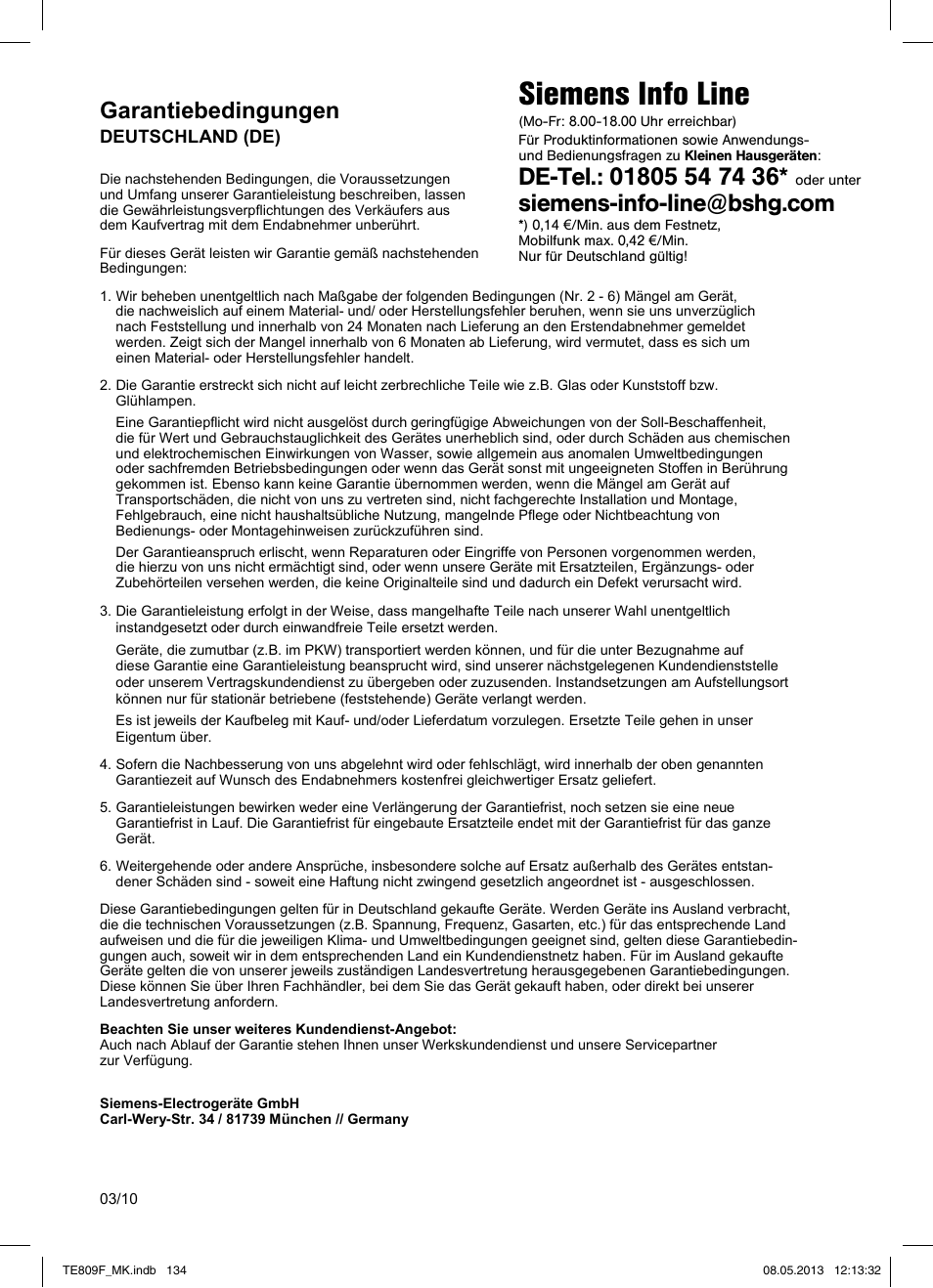 Siemens info line, Garantiebedingungen | Siemens TE809F01DE User Manual | Page 138 / 140