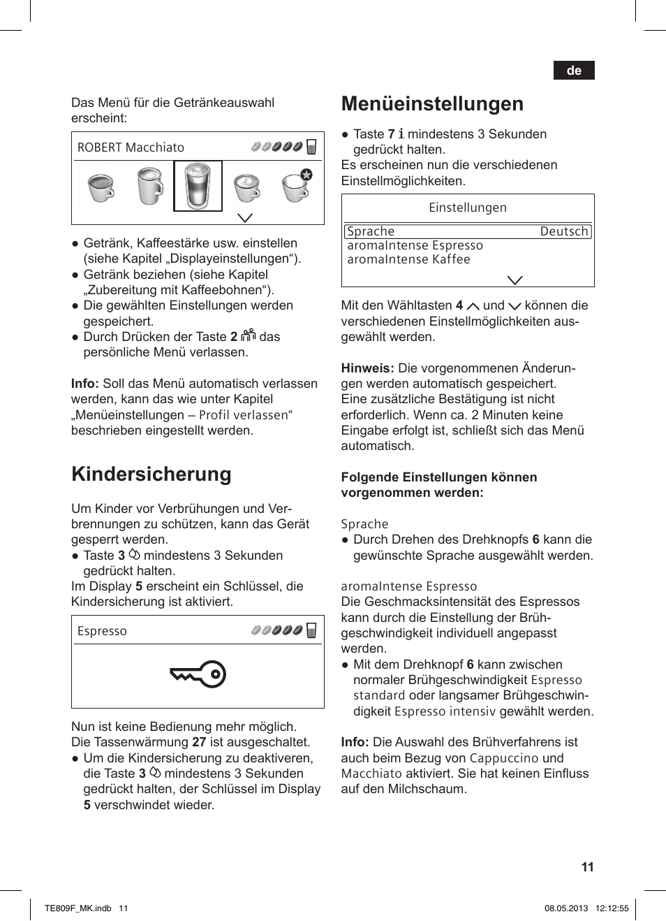 Kindersicherung, Menüeinstellungen | Siemens TE809F01DE User Manual | Page 15 / 140