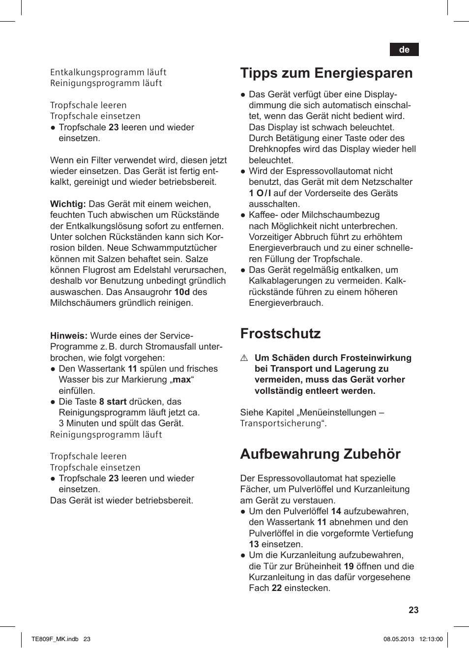 Tipps zum energiesparen, Frostschutz, Aufbewahrung zubehör | Siemens TE809F01DE User Manual | Page 27 / 140