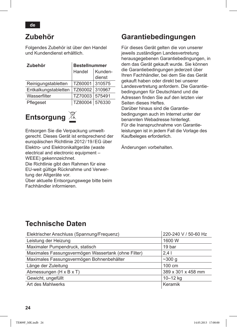 Zubehör, Entsorgung, Garantiebedingungen | Technische daten | Siemens TE809F01DE User Manual | Page 28 / 140