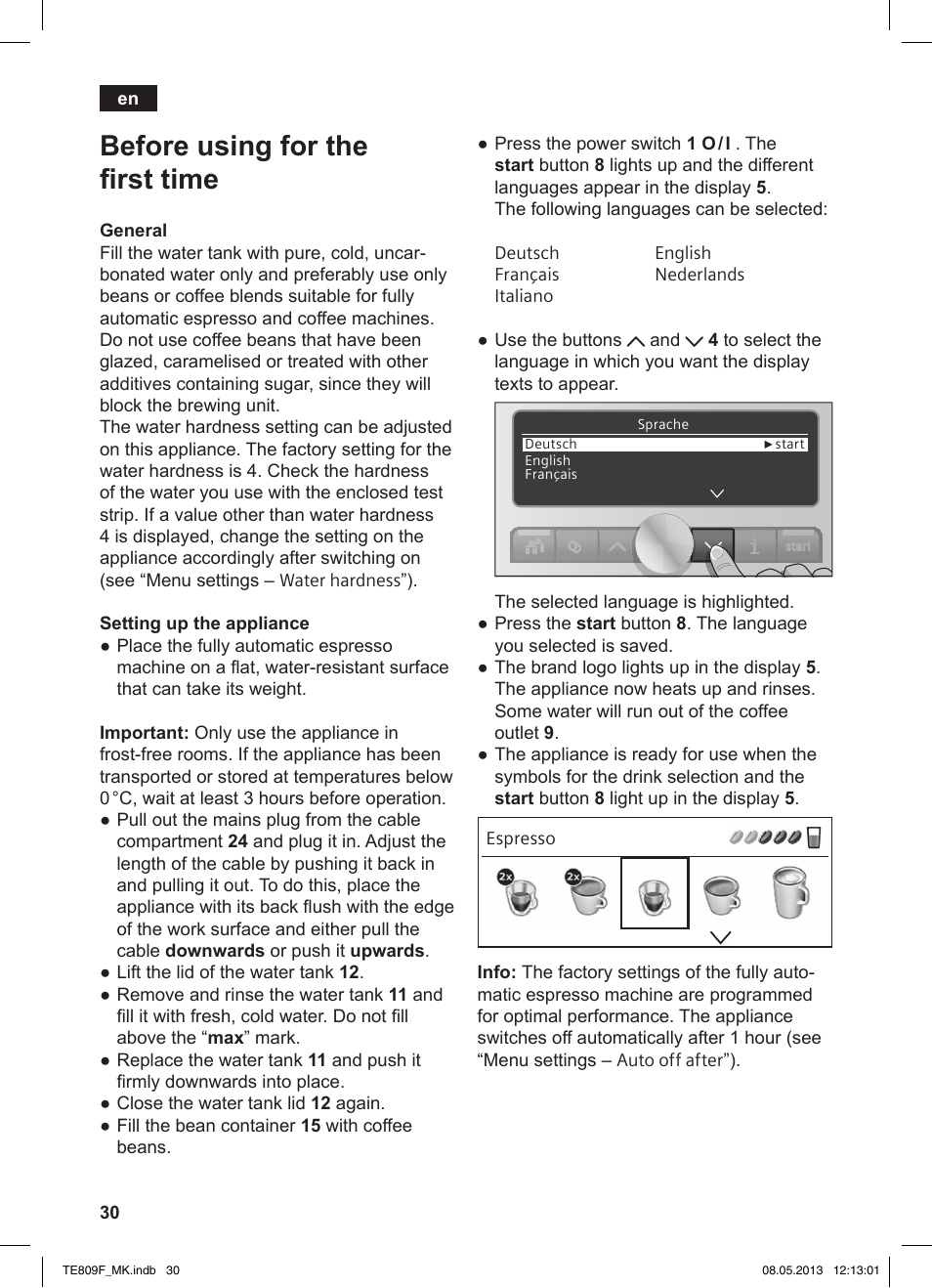 Before using for the fi rst time | Siemens TE809F01DE User Manual | Page 34 / 140