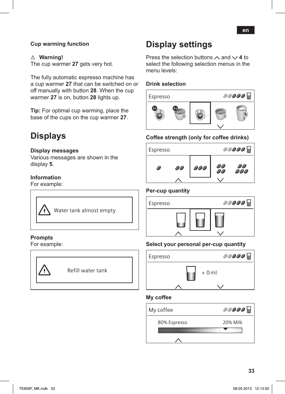 Displays, Display settings | Siemens TE809F01DE User Manual | Page 37 / 140