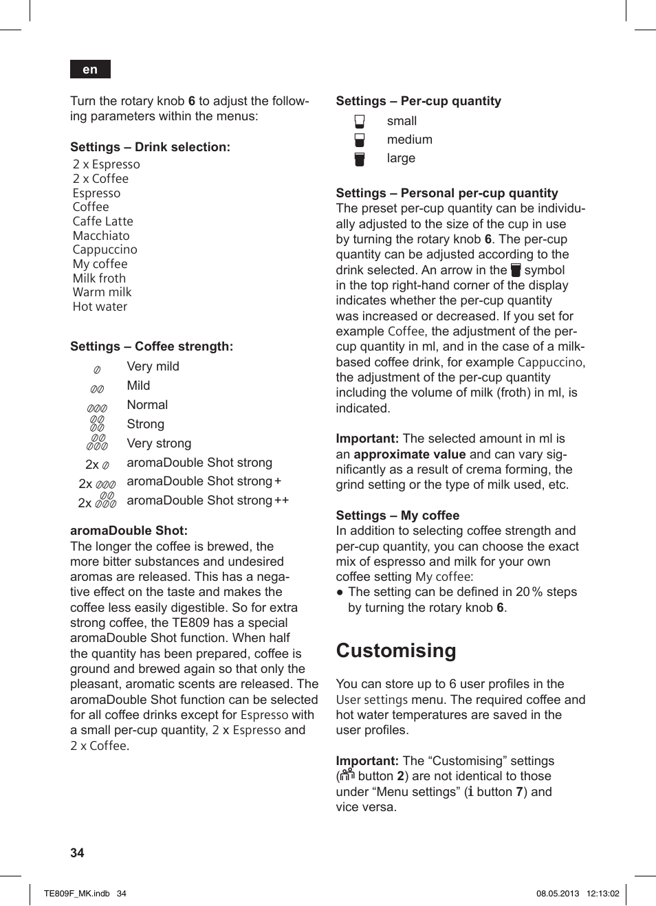 Customising | Siemens TE809F01DE User Manual | Page 38 / 140