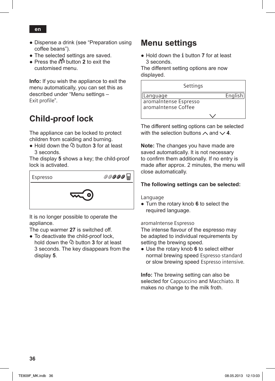 Child-proof lock, Menu settings | Siemens TE809F01DE User Manual | Page 40 / 140